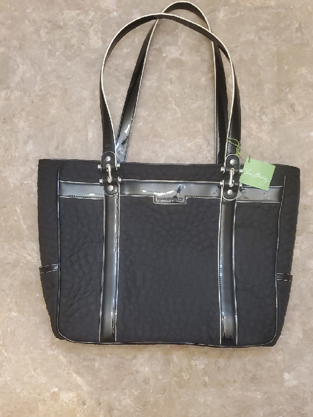 Vera Bradley Bonjour Laptop Bag Black Quilted Tote Bag with Patent Trim NWT